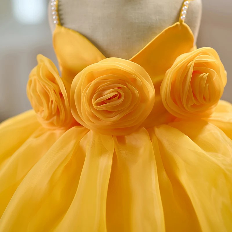 TinyTulle Baby Girl Yellow Tulle Ball Gown Dress with Pearl Details &amp; 3D Floral Accents