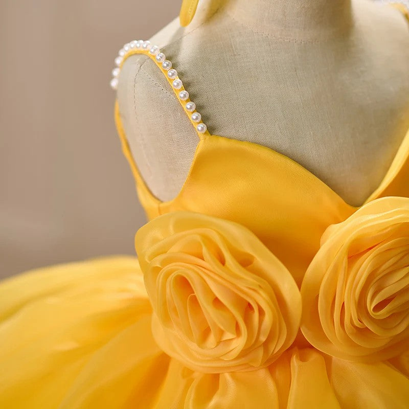 TinyTulle Baby Girl Yellow Tulle Ball Gown Dress with Pearl Details &amp; 3D Floral Accents