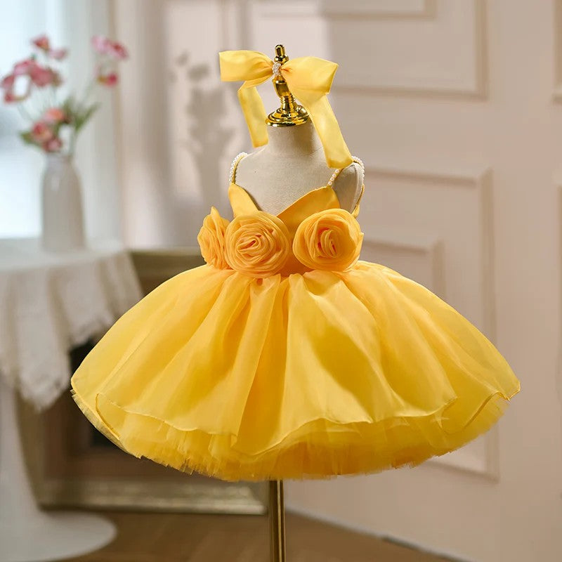 TinyTulle Baby Girl Yellow Tulle Ball Gown Dress with Pearl Details &amp; 3D Floral Accents
