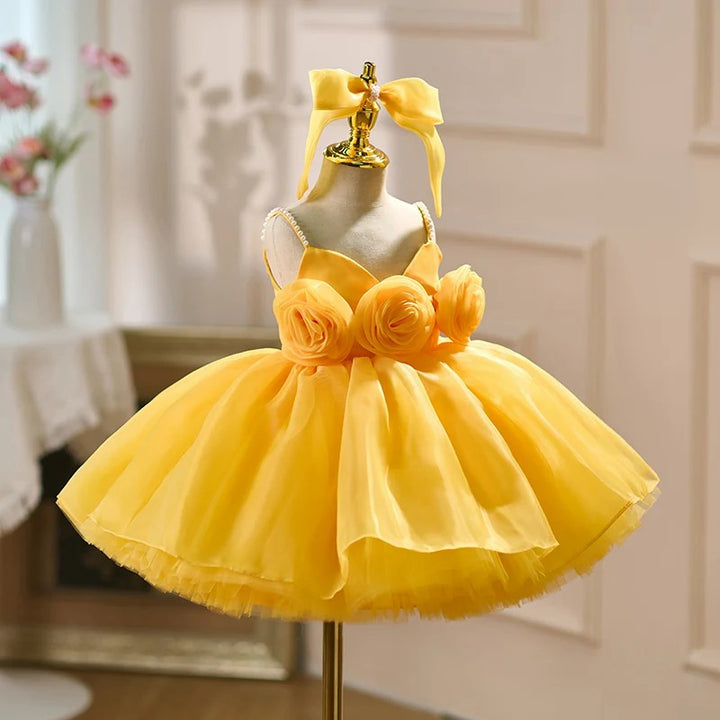 TinyTulle Baby Girl Yellow Tulle Ball Gown Dress with Pearl Details &amp; 3D Floral Accents