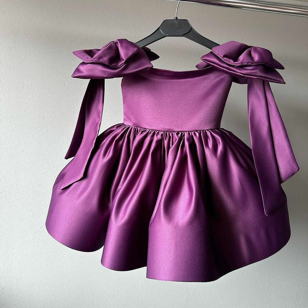 TinyTulle Dark Purple Satin Flower Girl Dress A-Line Knee-Length with Shoulder Bow