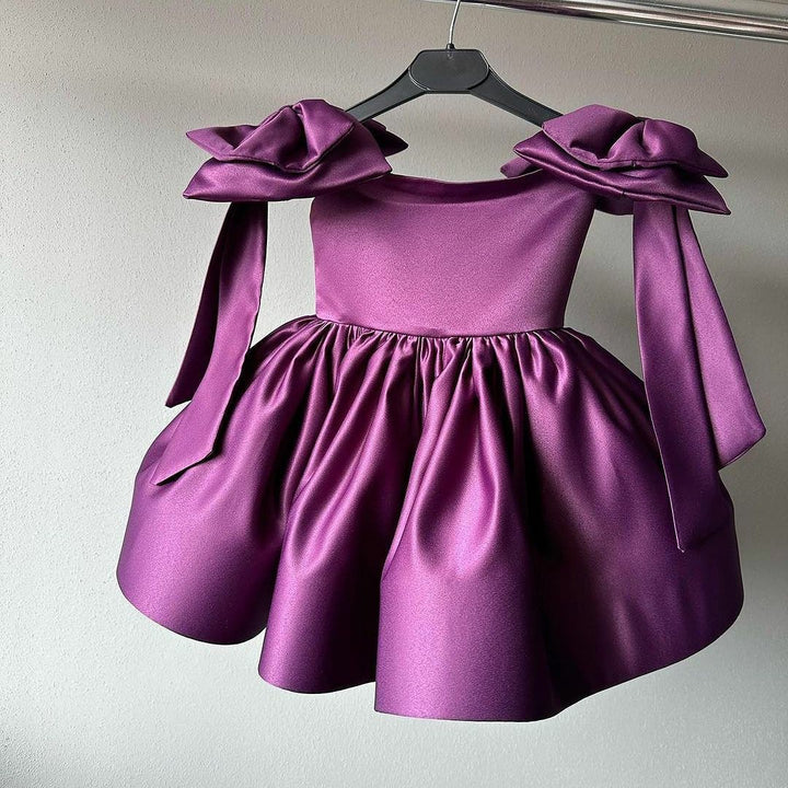 TinyTulle Dark Purple Satin Flower Girl Dress A-Line Knee-Length with Shoulder Bow