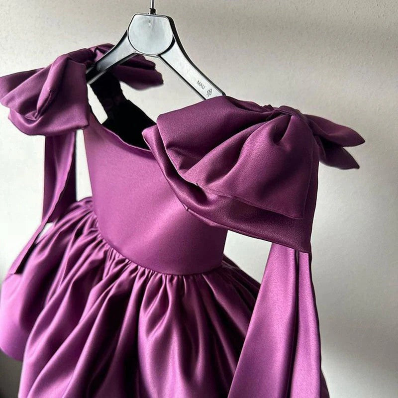 TinyTulle Dark Purple Satin Flower Girl Dress A-Line Knee-Length with Shoulder Bow