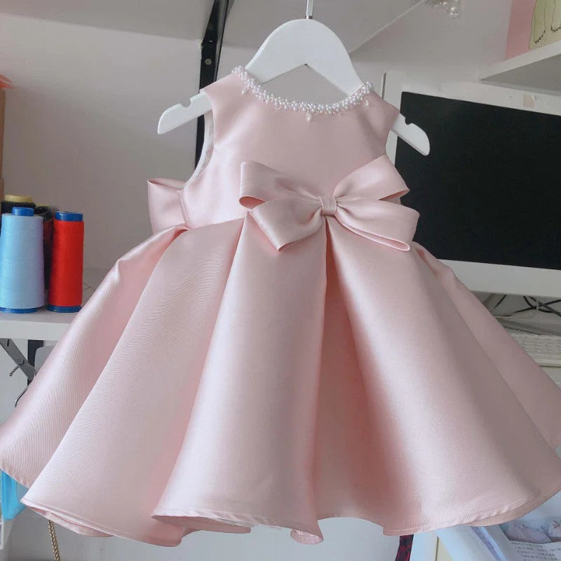 TinyTulle Elegant Pink A-Line Sleeveless Satin Flower Girl Dress with Beaded Bow Accent