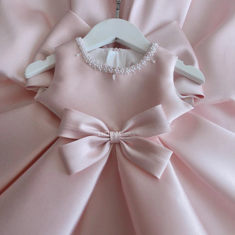 TinyTulle Elegant Pink A-Line Sleeveless Satin Flower Girl Dress with Beaded Bow Accent