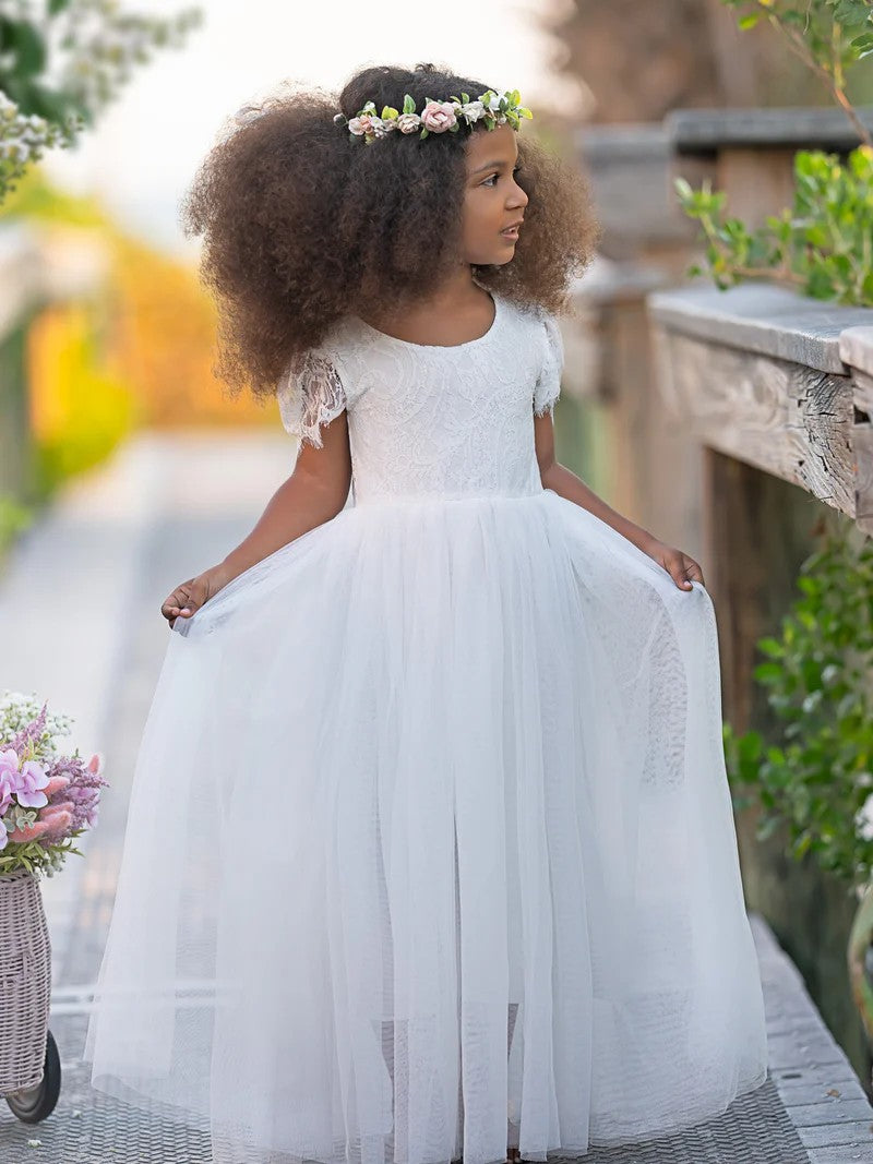 TinyTulle White A-Line Lace Ankle-length Boho Flower Girl Dress