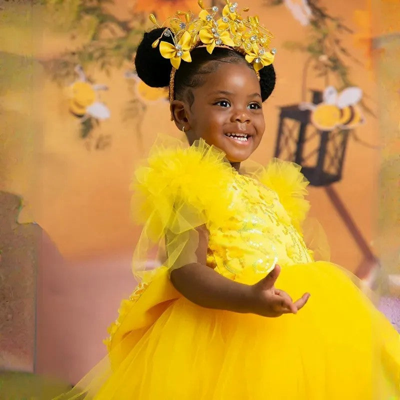TinyTulle Puffy Tulle Ball Gown Flower Girl Dress with Floral Embroidery
