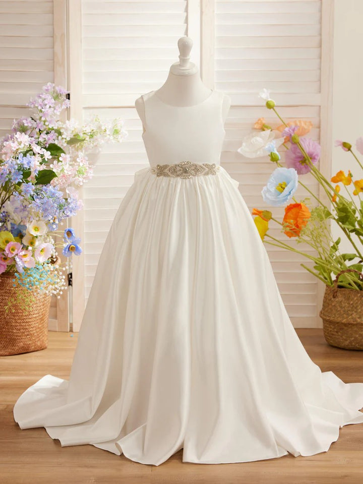 TinyTulle Elegant Satin Ball Gown Flower Girl Dress with Jeweled Belt and Bow