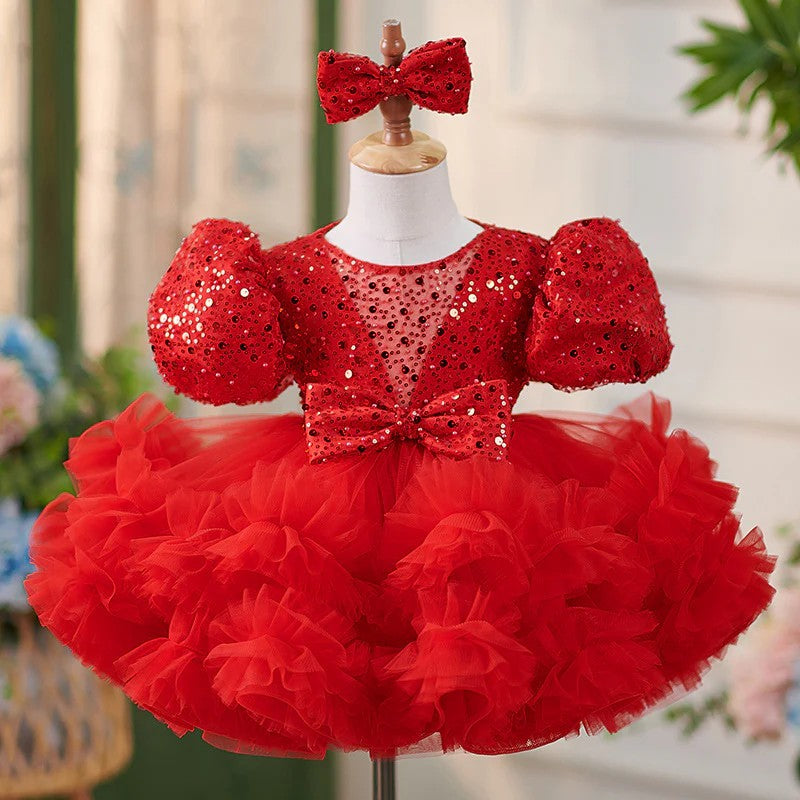 TinyTulle Puff Sleeves Sequin Tulle Ball Gown Baby Girl Dress