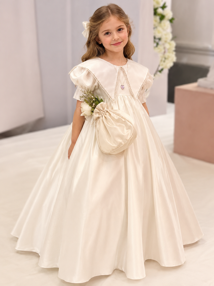 TinyTulle Vintage Ivory Satin Flower Girl Dress with Puff Sleeves &amp; Lace-Trimmed Collar