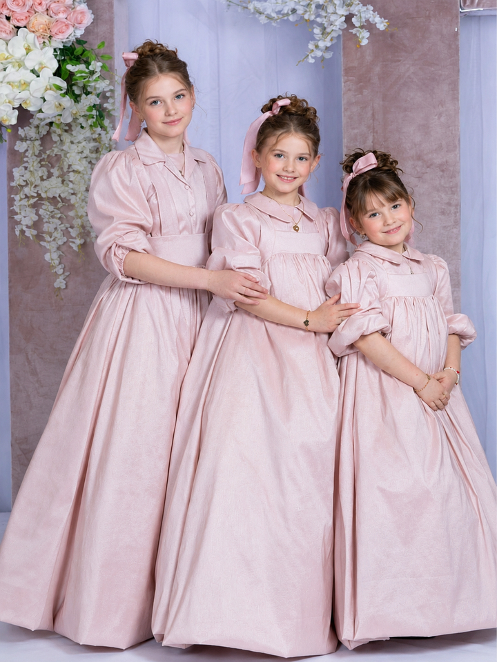 TinyTulle Elegant Blush Pink Satin Flower Girl Dress with Long Puff Sleeves