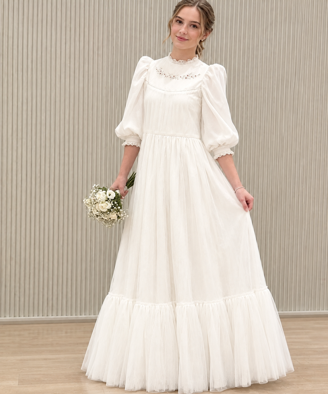 TinyTulle Ivory Floral Embroidered Tiered Tulle Flower Girl Dress with Long Puff Sleeves