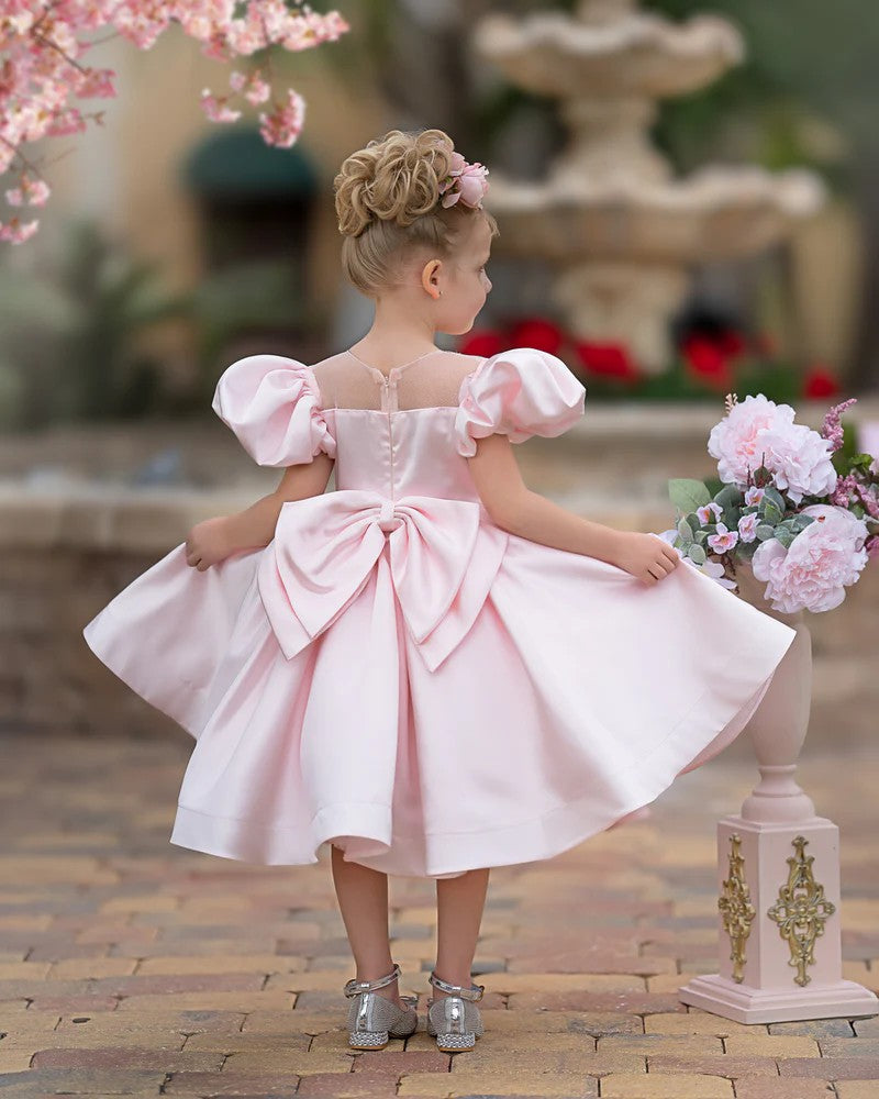 TinyTulle Elegant Puff Sleeve Satin A-Line Flower Girl Dress with Bow