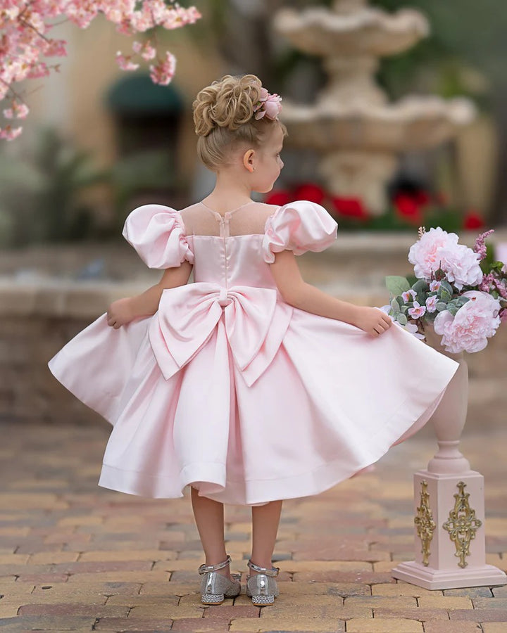 TinyTulle Elegant Puff Sleeve Satin A-Line Flower Girl Dress with Bow