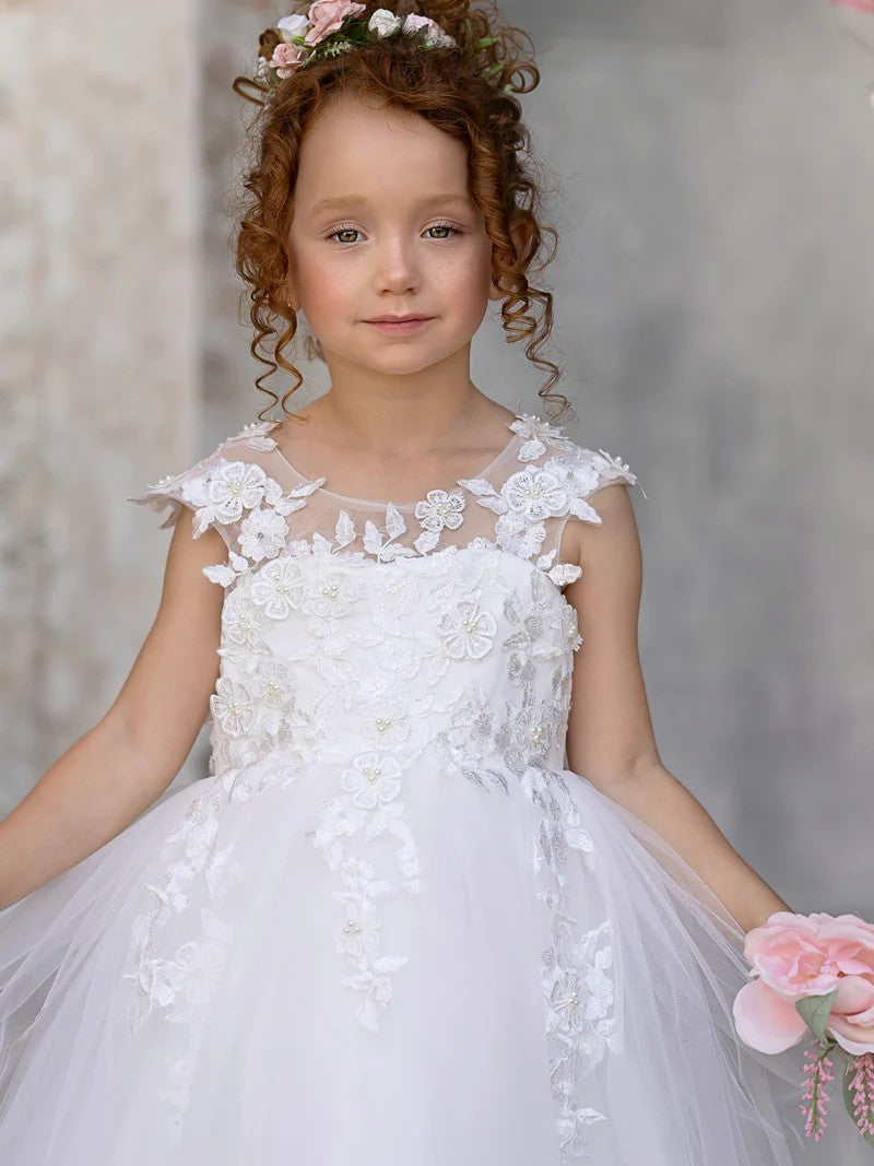 TinyTulle Elegant Sleeveless Floral Appliqué Tulle Floor-Length Flower Girl Dress