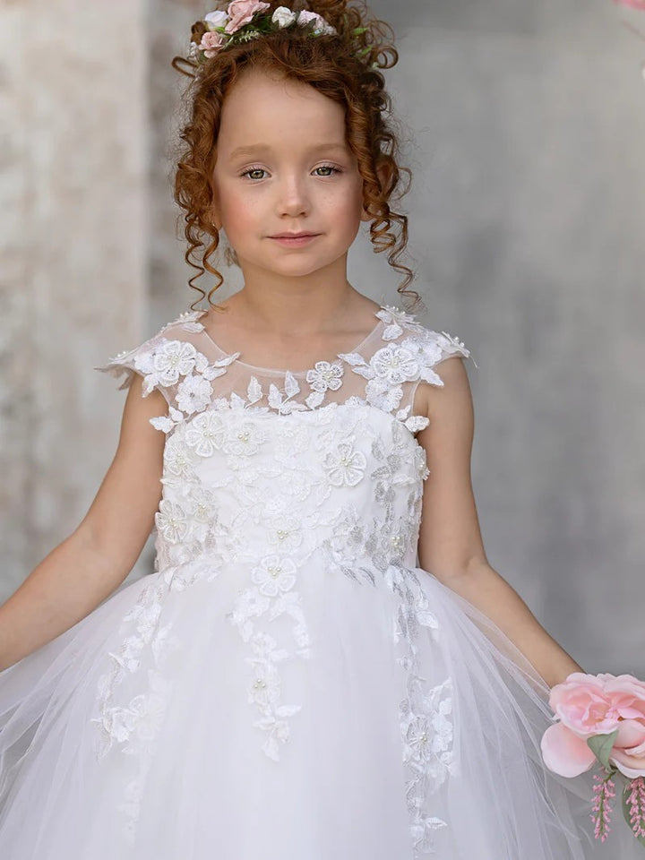 TinyTulle Elegant Sleeveless Floral Appliqué Tulle Floor-Length Flower Girl Dress