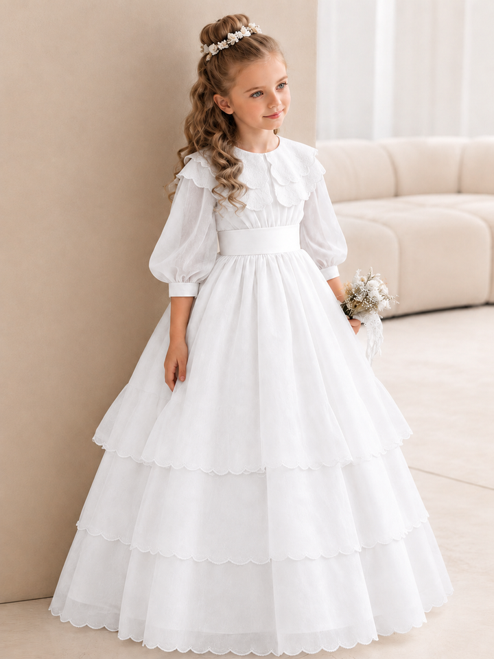 TinyTulle Ivory Tiered Tulle Flower Girl Dress with Elegant Lace Collar