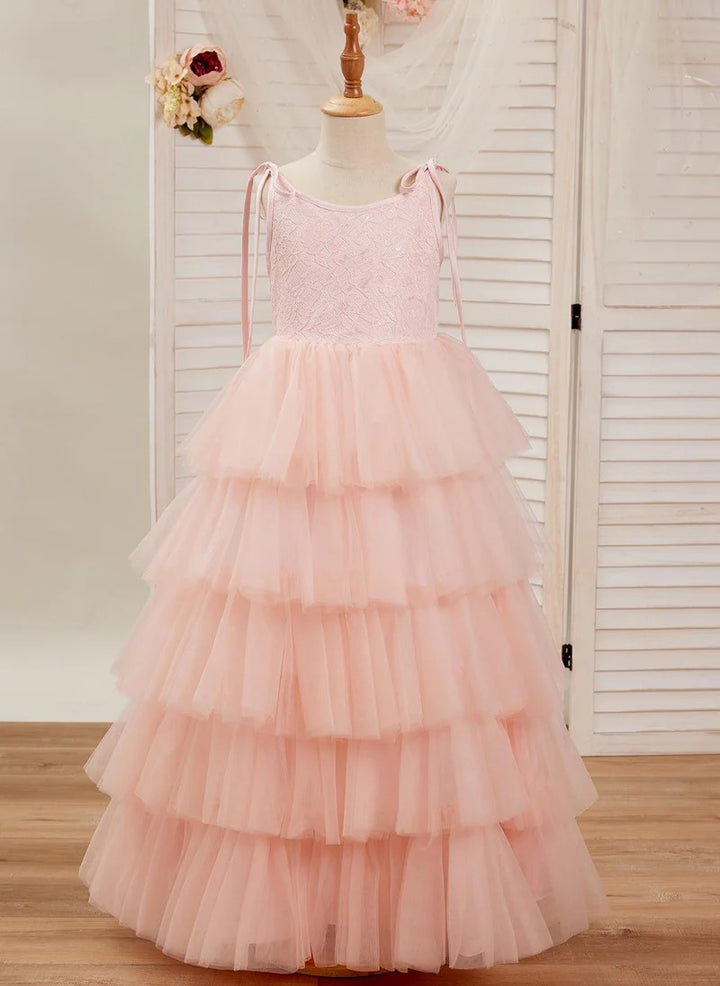 TinyTulle Pink Lace Sleeveless Layered Tulle Flower Girl Dress
