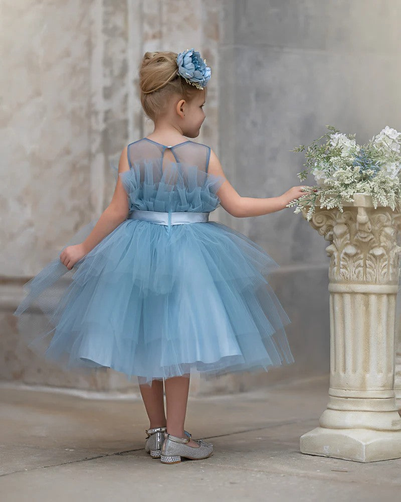 TinyTulle Dusty Blue Tulle Ankle-Length Flower Girl Dress with Bow