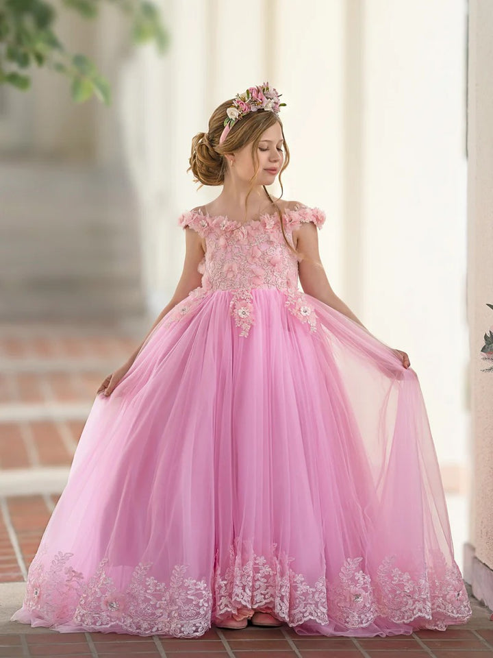 TinyTulle Romantic Pink Sweetheart Tulle Princess Dress with Floral Lace Appliqués