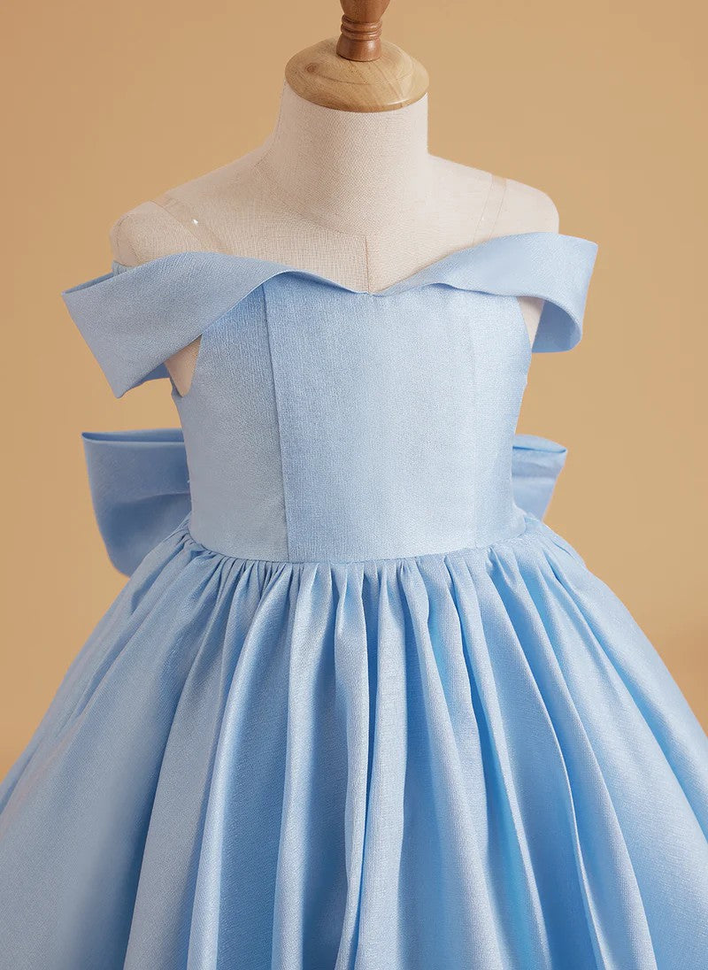 TinyTulle Elegant Light Blue Off-Shoulder Satin Ball Gown Flower Girl Dress