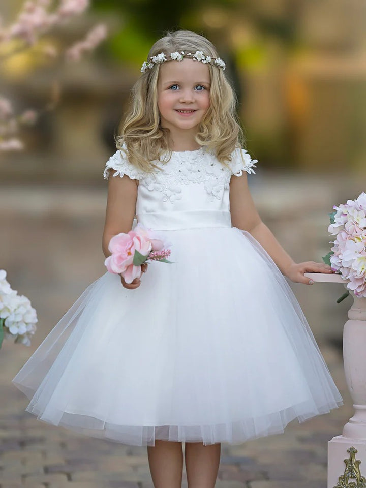 TinyTulle White Satin Tulle Tea-Length Flower Girl Dress for First Communion &amp; Wedding