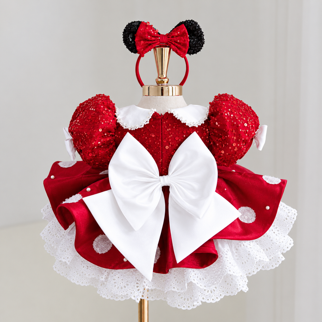 TinyTulle Red Sequin Polka Dot Flower Girl Dress with Puff Sleeves and Oversized Bow