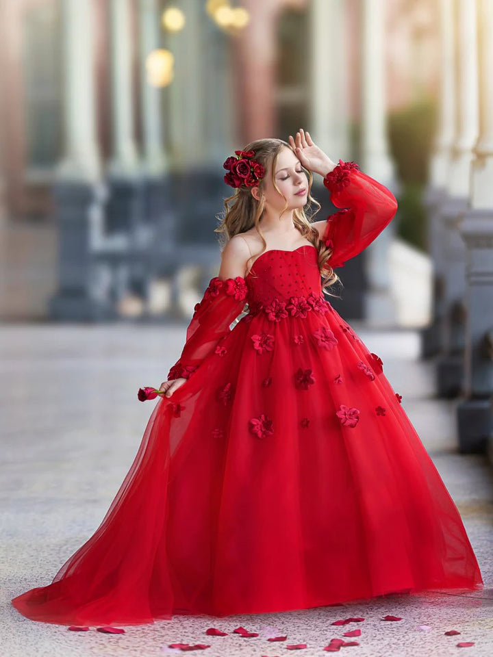 TinyTulle Romantic Off-the-Shoulder Tulle Princess Dress with 3D Floral Details