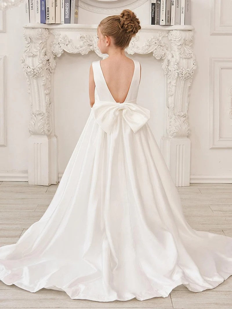 TinyTulle Elegant Ivory Satin A-Line Gown with Deep V-Back &amp; Oversized Bow