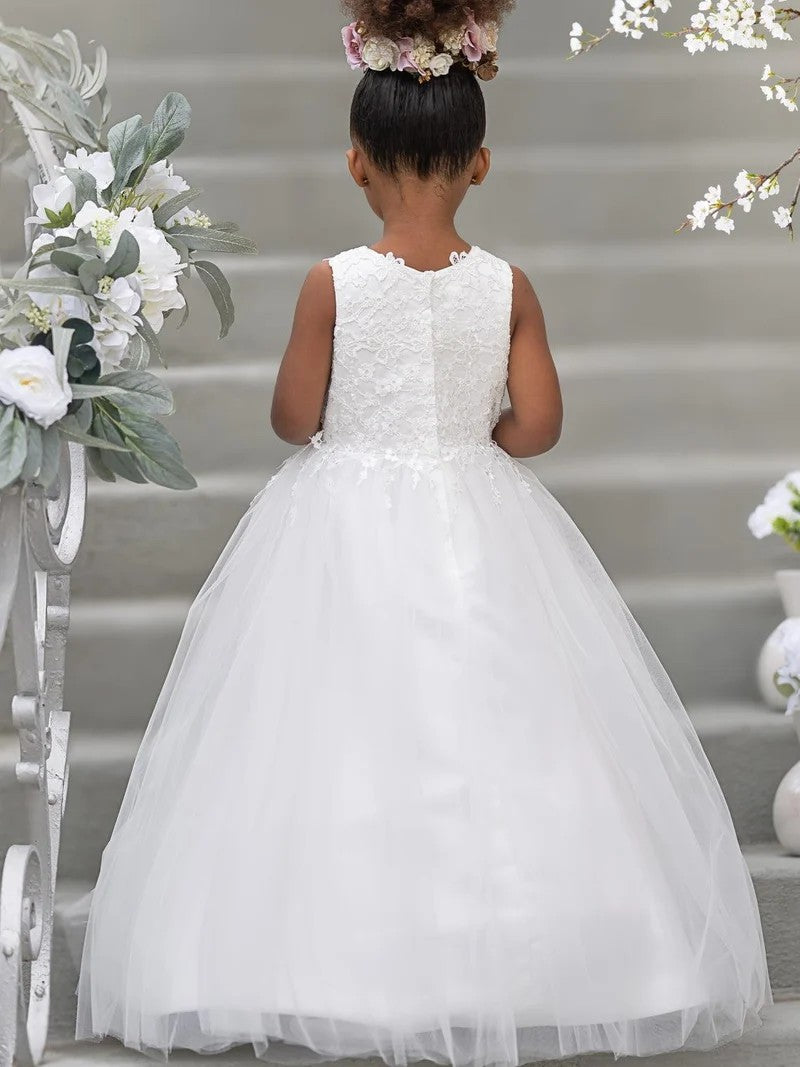 TinyTulle White Floral Applique Tulle Flower Girl Dress for First Communion &amp; Wedding