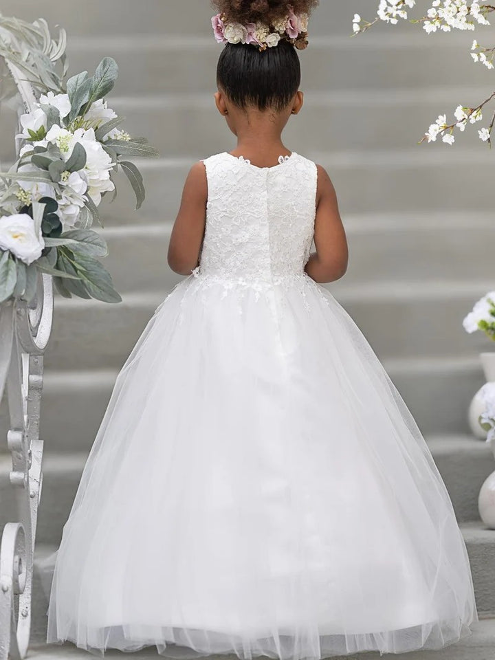 TinyTulle White Floral Applique Tulle Flower Girl Dress for First Communion &amp; Wedding