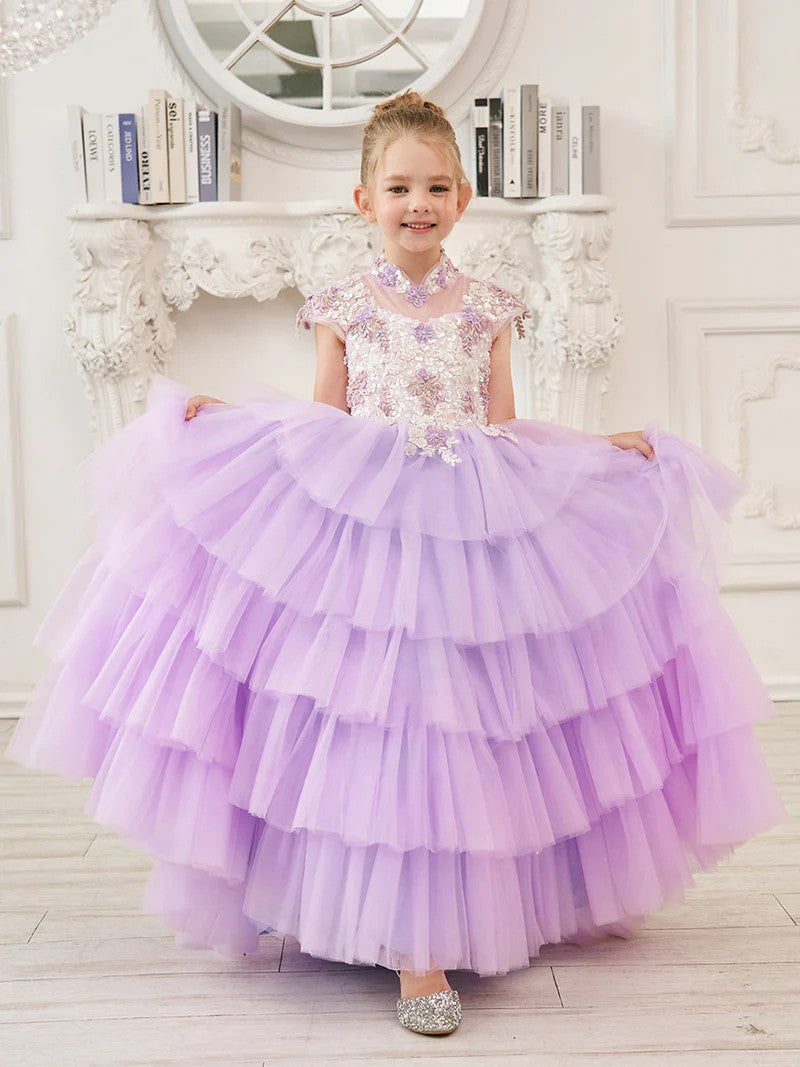 TinyTulle Lilac Cap Sleeve Lace Appliqué Tulle Flower Girl Dress for Special Occasions