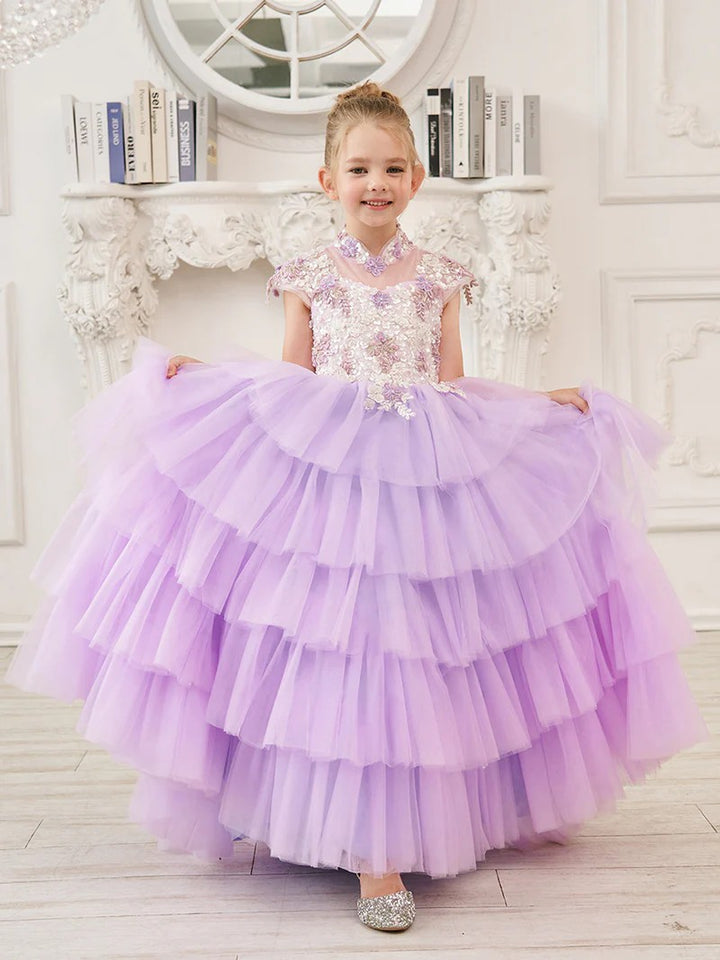 TinyTulle Lilac Cap Sleeve Lace Appliqué Tulle Flower Girl Dress for Special Occasions