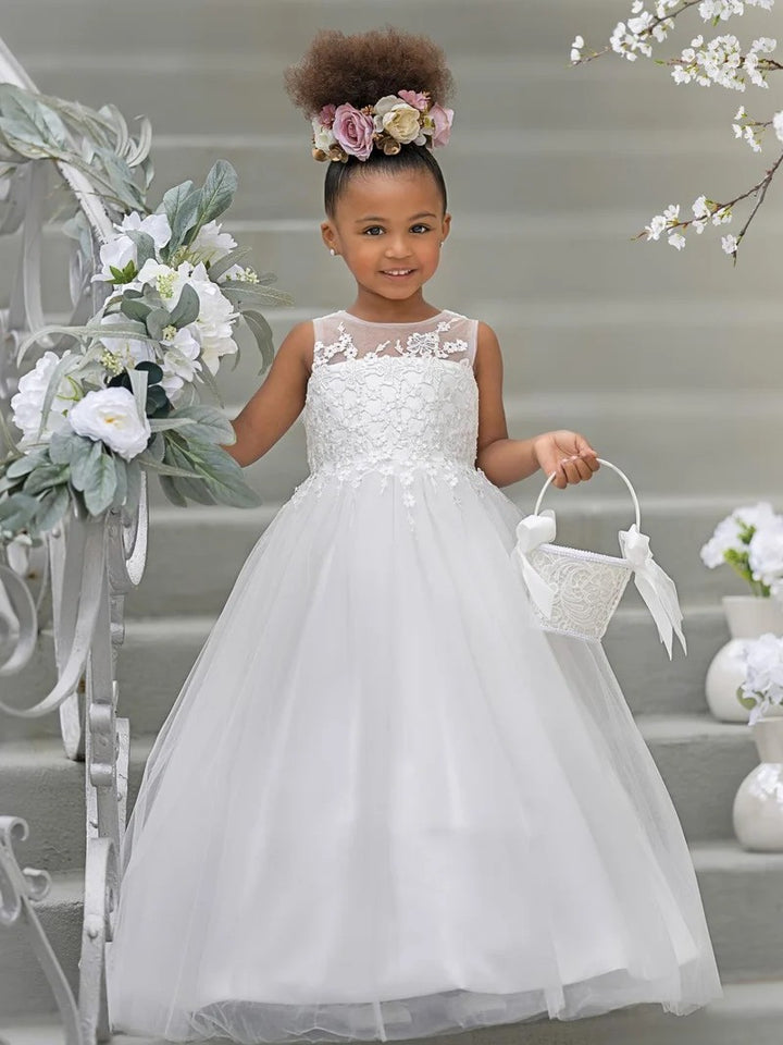 TinyTulle White Floral Applique Tulle Flower Girl Dress for First Communion &amp; Wedding