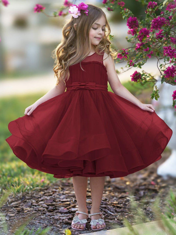 TinyTulle Elegant Magenta Tulle Flower Girl Dress with Bow Waist and Flowy Hem
