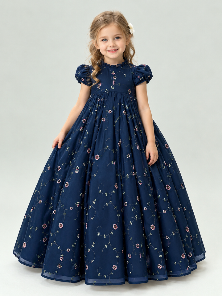 TinyTulle Navy Blue Floral Embroidered High-Waist Puff Sleeve Flower Girl Dress