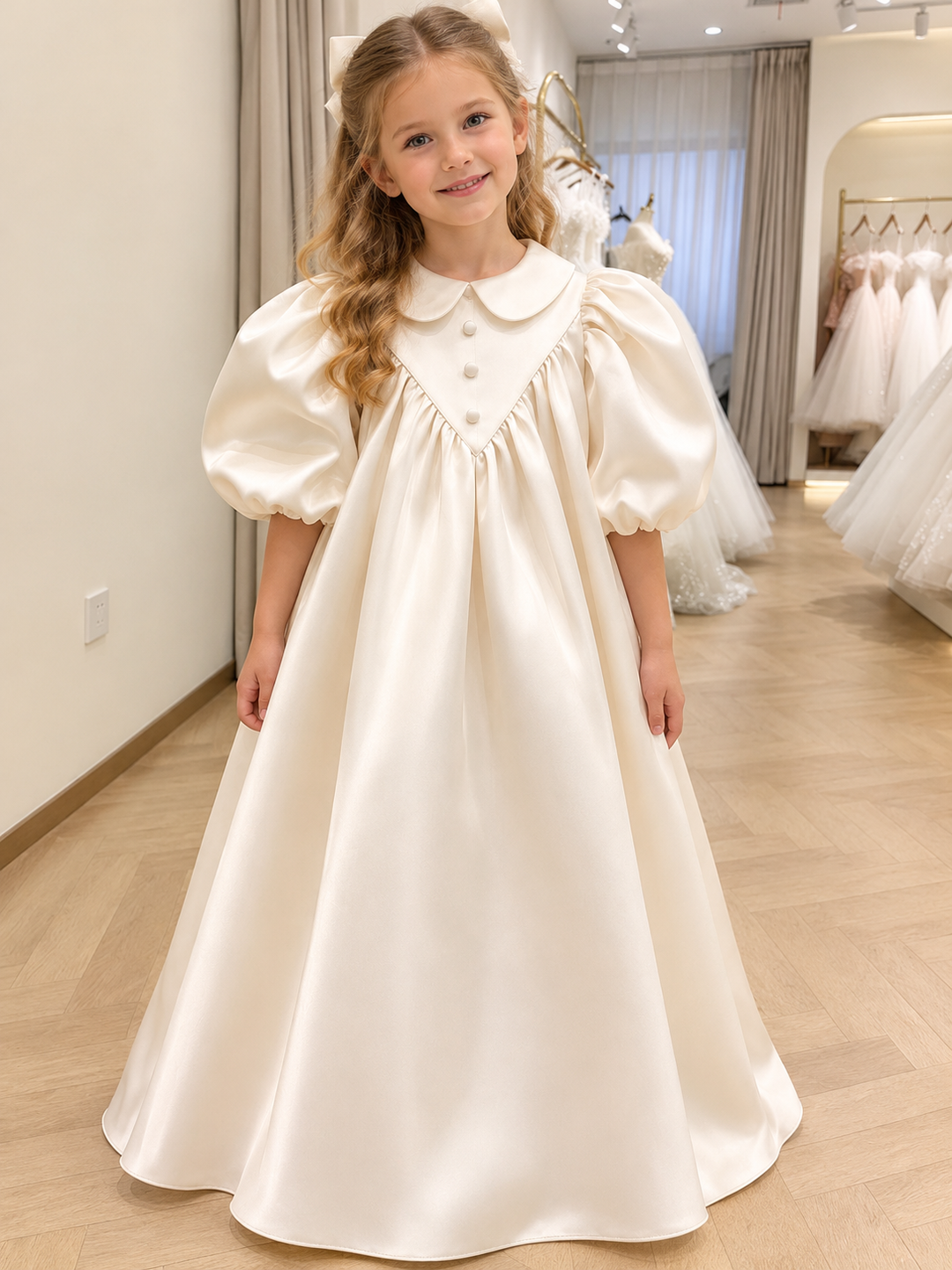 TinyTulle Elegant Ivory Satin Princess Flower Girl Dress with Puff Sleeves &amp; Peter Pan Collar