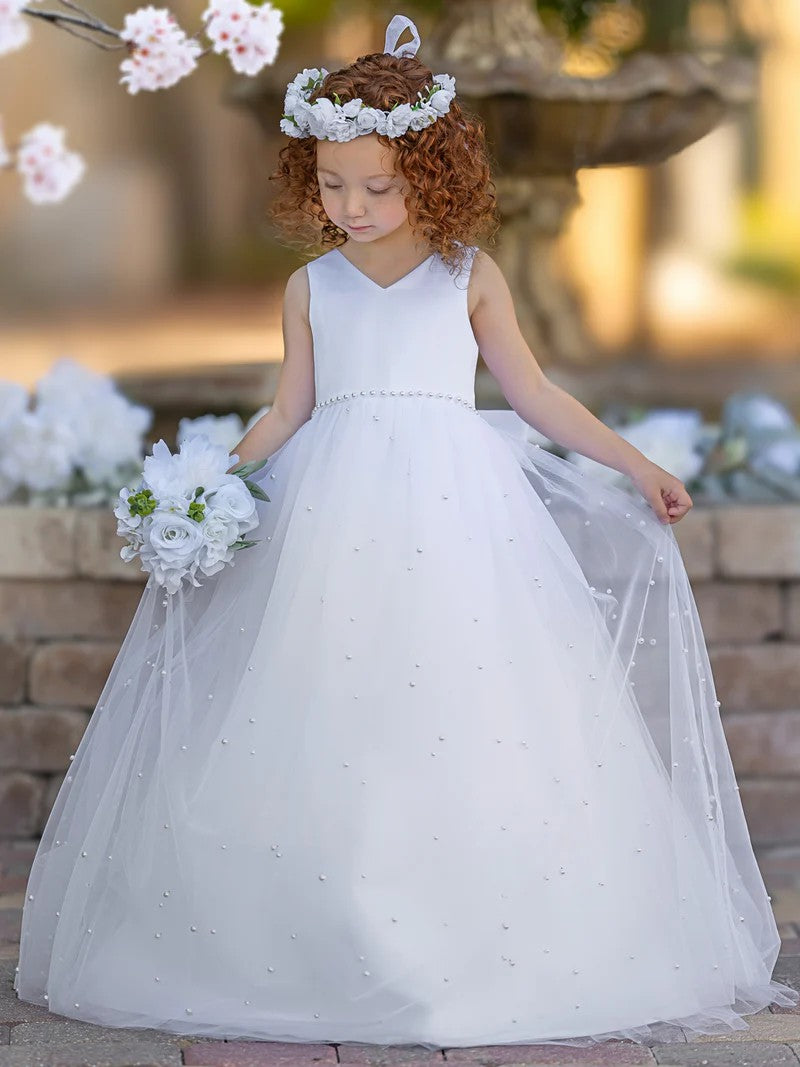 TinyTulle White Satin V-Neck Sleeveless Tulle Flower Girl Dress with Bow