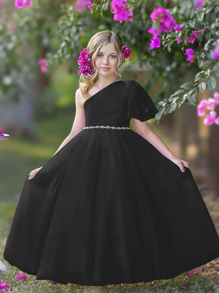 TinyTulle Romantic Lavender One-Shoulder Tulle A-Line Flower Girl Dress