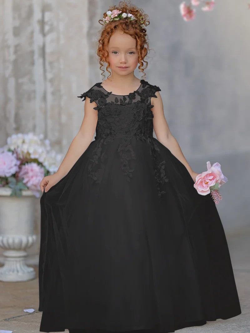 TinyTulle Elegant Sleeveless Floral Appliqué Tulle Floor-Length Flower Girl Dress