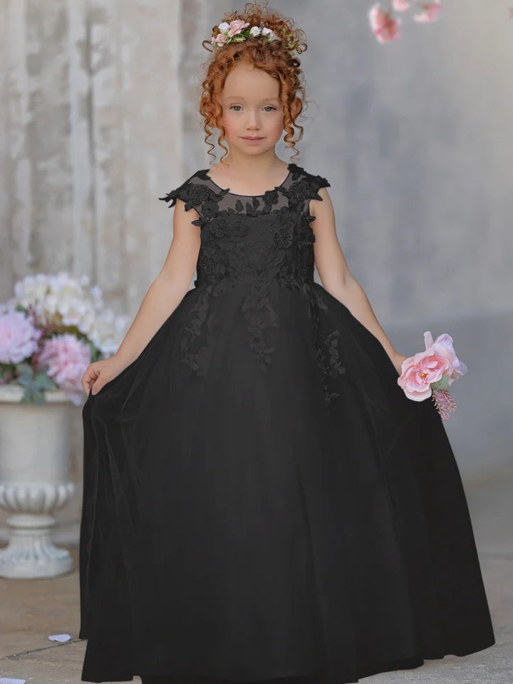TinyTulle Elegant Sleeveless Floral Appliqué Tulle Floor-Length Flower Girl Dress