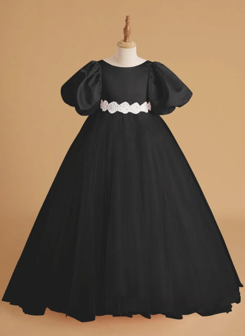 TinyTulle Elegant Satin &amp; Tulle Puff Sleeve Ball Gown with Beaded Waistband for First Communion &amp; Weddings