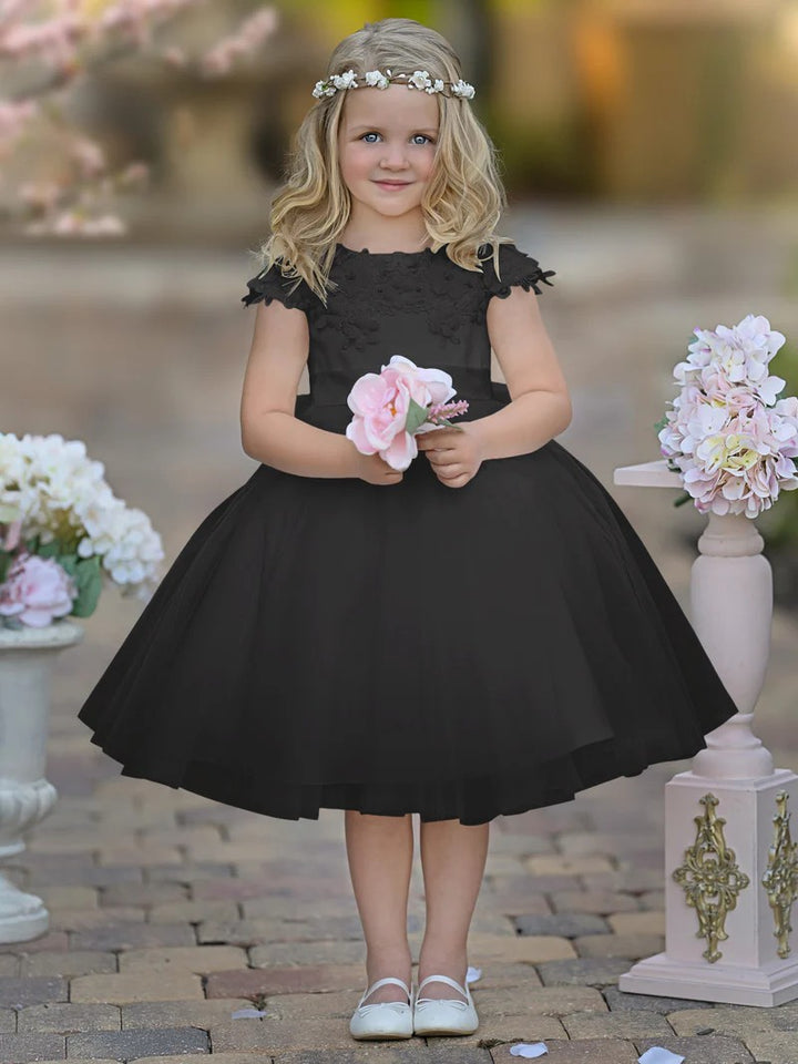 TinyTulle White Satin Tulle Tea-Length Flower Girl Dress for First Communion &amp; Wedding