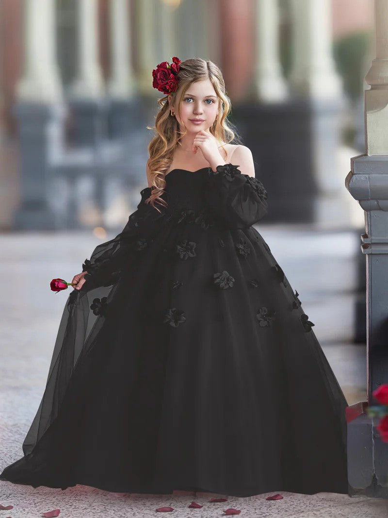 TinyTulle Romantic Off-the-Shoulder Tulle Princess Dress with 3D Floral Details