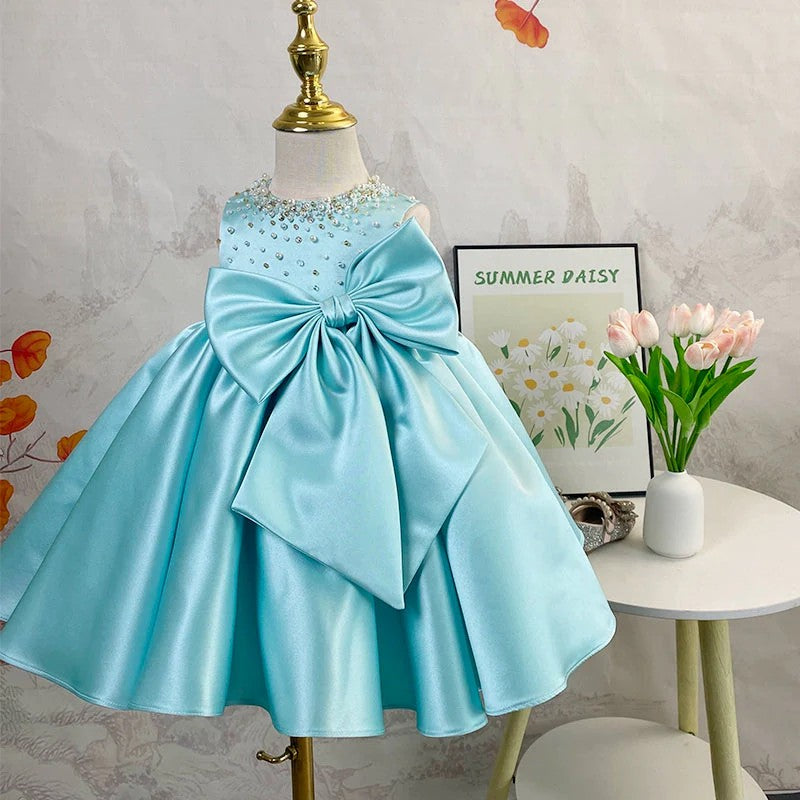 TinyTulle Aqua Blue Satin Flower Girl Dresses with Beaded and Bow