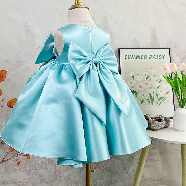 TinyTulle Aqua Blue Satin Flower Girl Dresses with Beaded and Bow