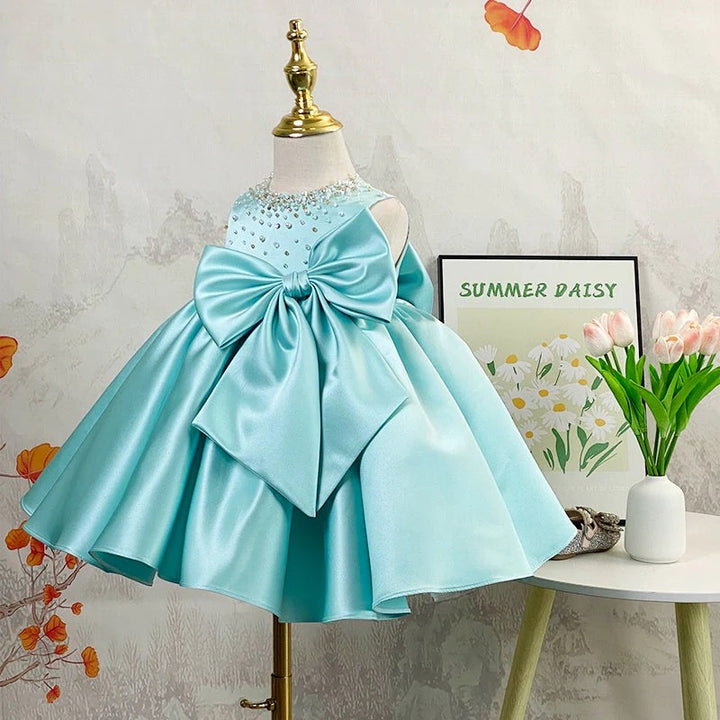 TinyTulle Aqua Blue Satin Flower Girl Dresses with Beaded and Bow