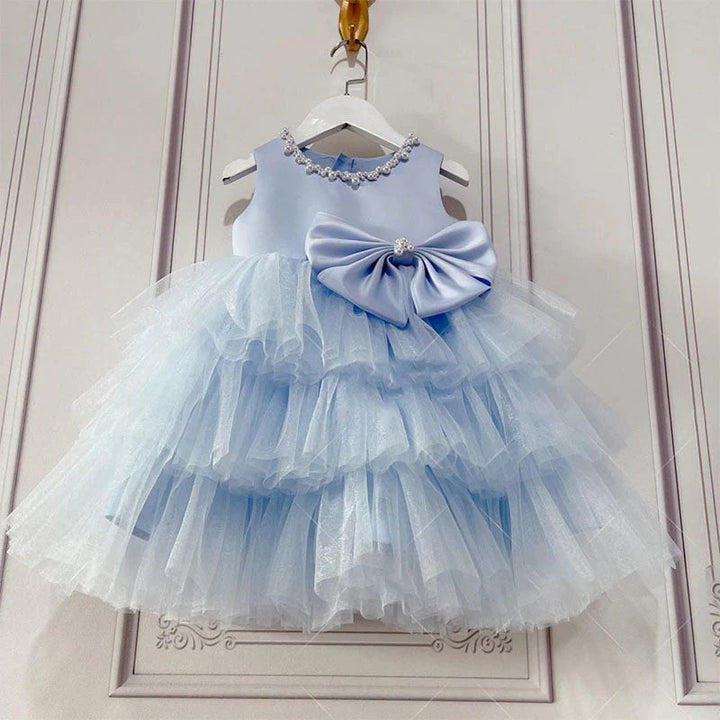 TinyTulle Blue Satin and Tulle A-Line Tea-Length Flower Girl Dress with Bow