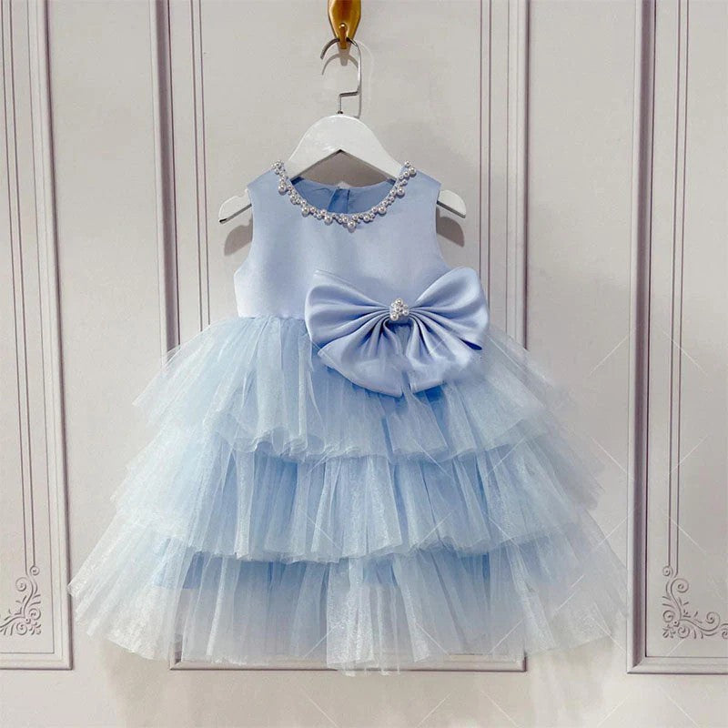 TinyTulle Blue Satin and Tulle A-Line Tea-Length Flower Girl Dress with Bow