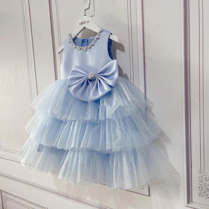 TinyTulle Blue Satin and Tulle A-Line Tea-Length Flower Girl Dress with Bow